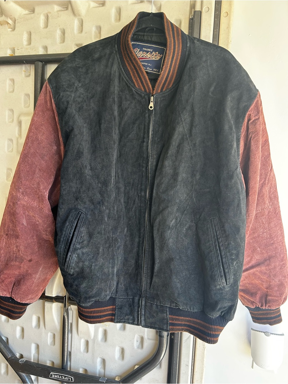 Varsity Two-Tone Suede Bomber Jacket - Black & Brown